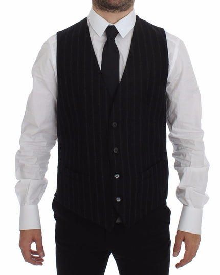 Dolce & Gabbana Black Striped Wool Logo Vest Gilet Weste
