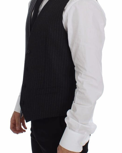 Dolce & Gabbana Gray Striped Wool Logo Vest Gilet Vests