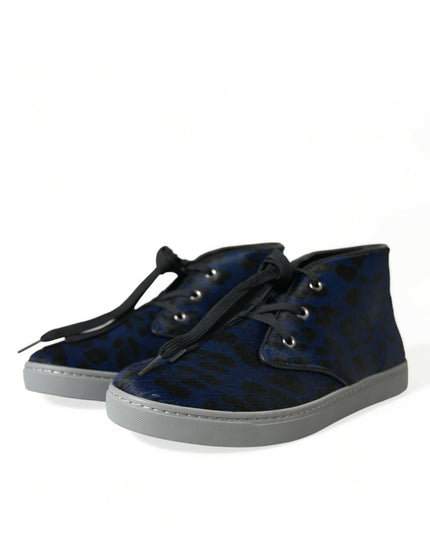 Dolce & Gabbana Blue Calfskin Leopard Mid Top Sneakers Shoes
