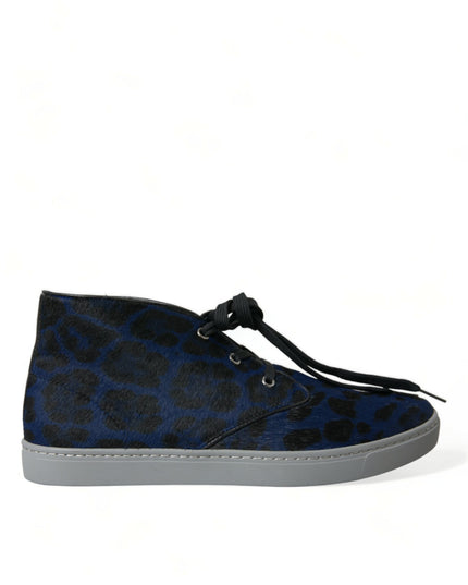 Dolce & Gabbana Blue Calfskin Leopard Mid Top Sneakers Shoes