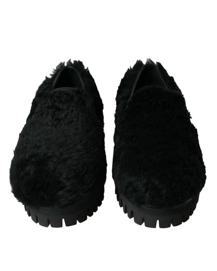 Dolce & Gabbana Black Fur Leather Slippers Dress Shoes