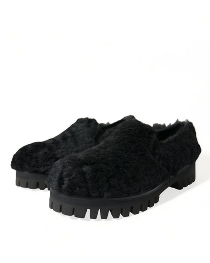 Dolce & Gabbana Black Fur Leather Slippers Dress Shoes