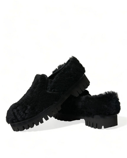 Dolce & Gabbana Black Fur Leather Slippers Dress Shoes