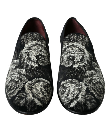Dolce & Gabbana Black Floral Slippers Men Loafers Dress Shoes
