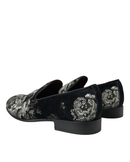 Dolce & Gabbana Black Floral Slippers Men Loafers Dress Shoes