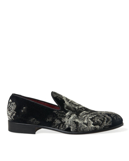 Dolce & Gabbana Black Floral Slippers Men Loafers Dress Shoes