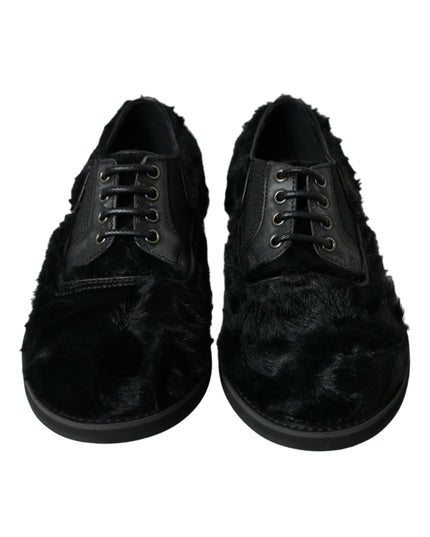 Dolce & Gabbana Black Fur Leather Lace Up Derby Dress Shoes