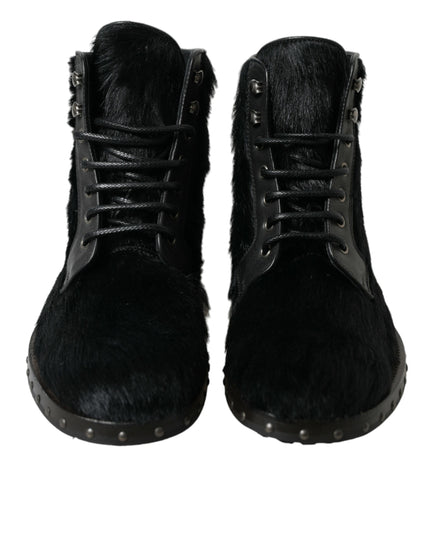 Dolce & Gabbana Black Pony Style Leather Mid Calf Boots Shoes