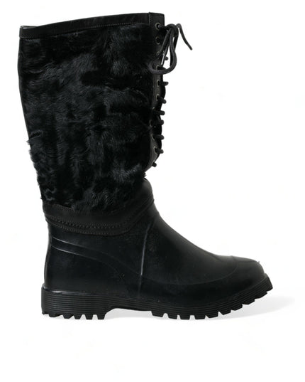 Dolce & Gabbana Black Rubber Lace Up Shearling Rain Boots Shoes