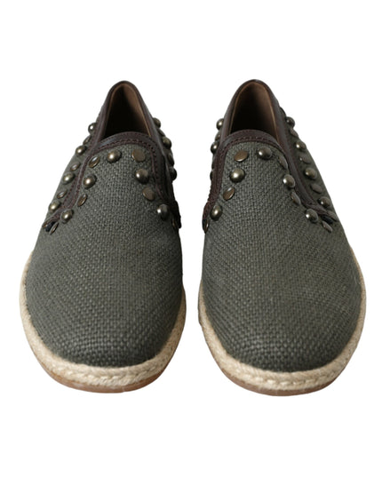 Dolce & Gabbana Gray Linen Leather Studded Loafers Shoes