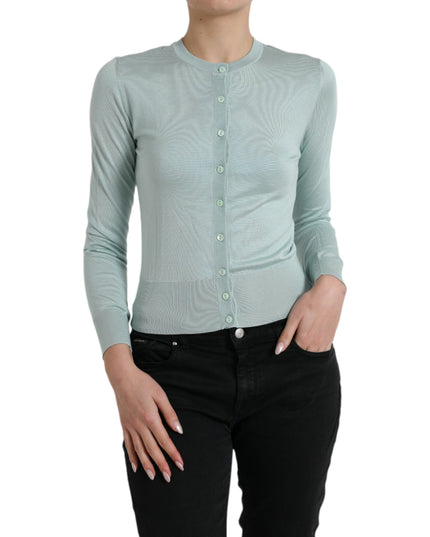 Dolce & Gabbana Light Blue Silk Crew Neck Cardigan Sweater