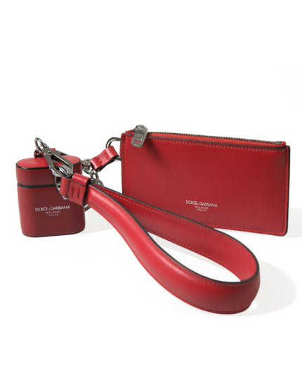 Dolce & Gabbana Red Leather Silver Metal Logo Strap Pouch Airpods Case