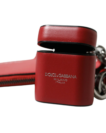 Dolce & Gabbana Red Leather Silver Metal Logo Strap Pouch Airpods Case