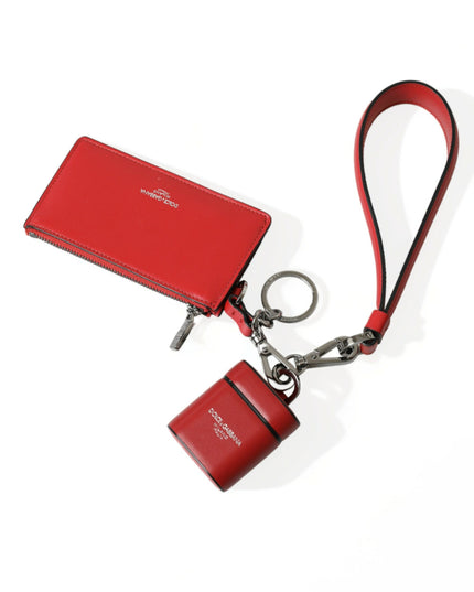 Dolce & Gabbana Red Leather Silver Metal Logo Strap Pouch Airpods Case