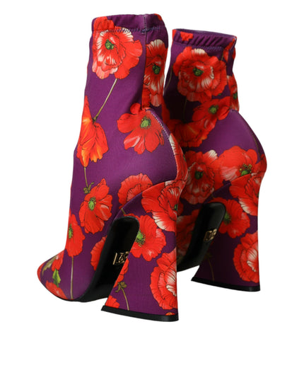 Dolce & Gabbana Purple Floral Jersey Stretch Boots Shoes