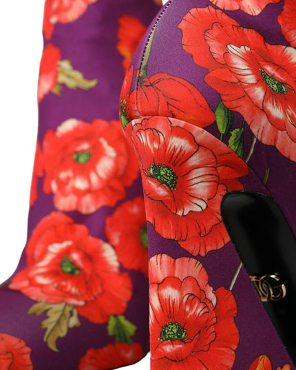 Dolce & Gabbana Purple Floral Jersey Stretch Boots Shoes