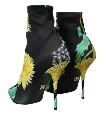 Dolce & Gabbana Black Floral Jersey Stretch Ankle Boots Shoes