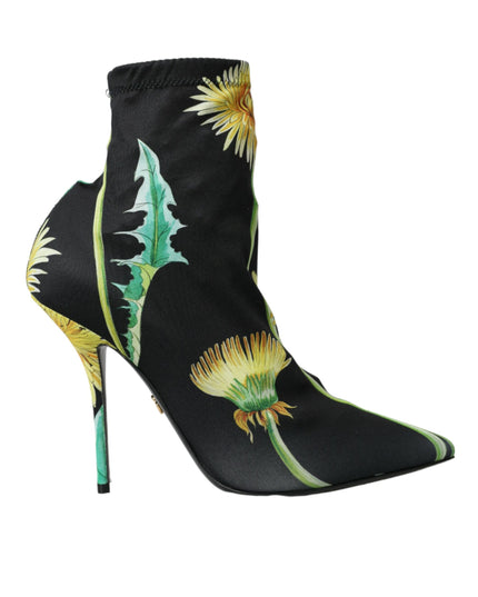 Dolce & Gabbana Black Floral Jersey Stretch Ankle Boots Shoes