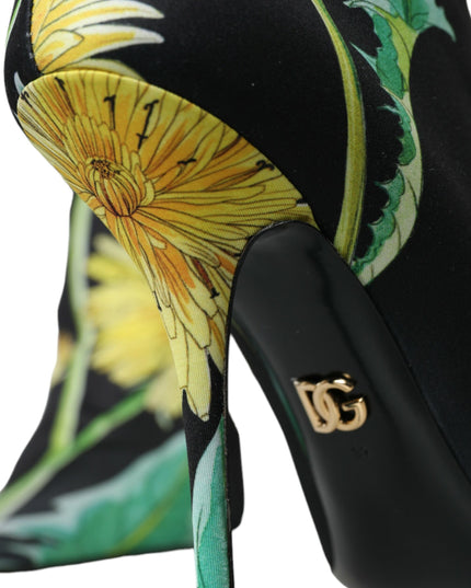 Dolce & Gabbana Black Floral Jersey Stretch Ankle Boots Shoes