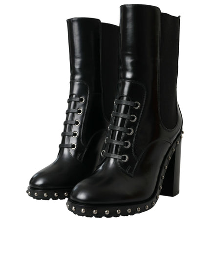 Dolce & Gabbana Black Leather Studded Lace Up Boots Shoes