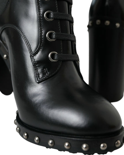 Dolce & Gabbana Black Leather Studded Lace Up Boots Shoes