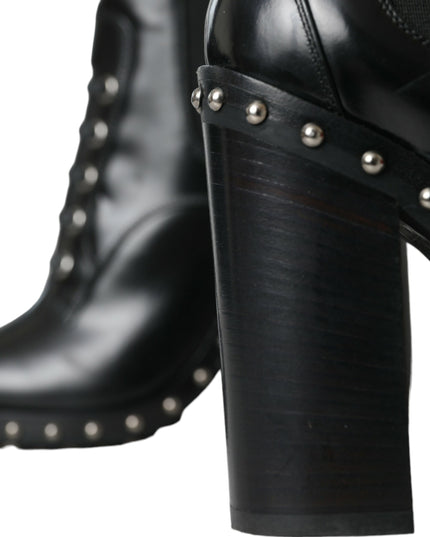 Dolce & Gabbana Black Leather Studded Lace Up Boots Shoes