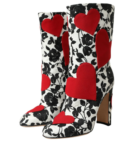 Dolce & Gabbana White Floral Hearts Leather High Boots Shoes
