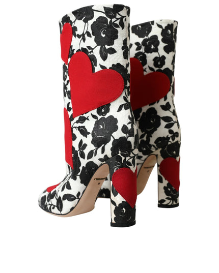 Dolce & Gabbana White Floral Hearts Leather High Boots Shoes