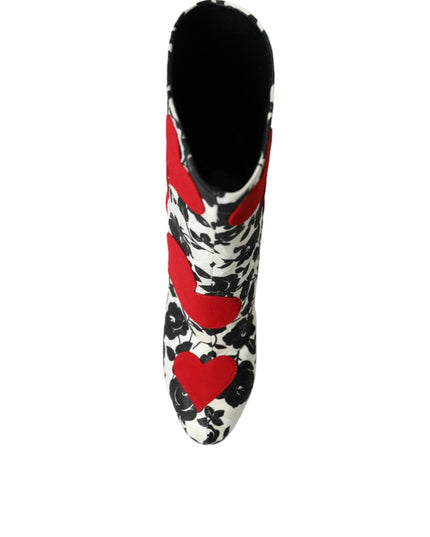 Dolce & Gabbana White Floral Hearts Leather High Boots Shoes