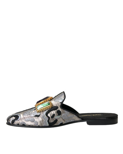 Dolce & Gabbana Gray Jacquard Crystal Mule Flat Sandals Shoes