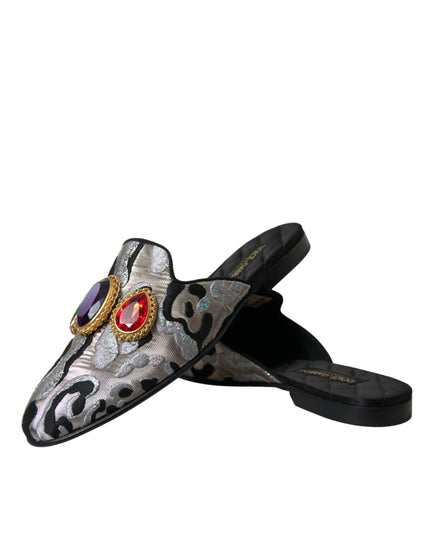 Dolce & Gabbana Gray Jacquard Crystal Mule Flat Sandals Shoes