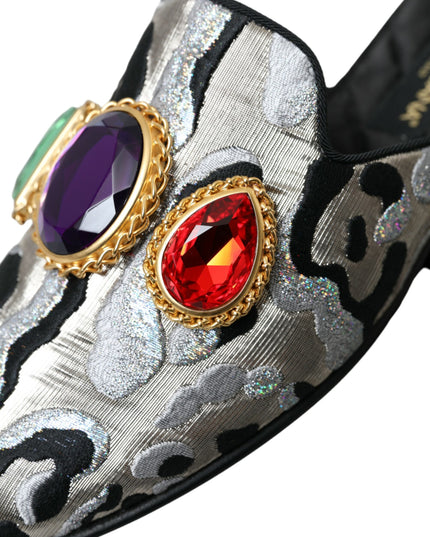 Dolce & Gabbana Gray Jacquard Crystal Mule Flat Sandals Shoes