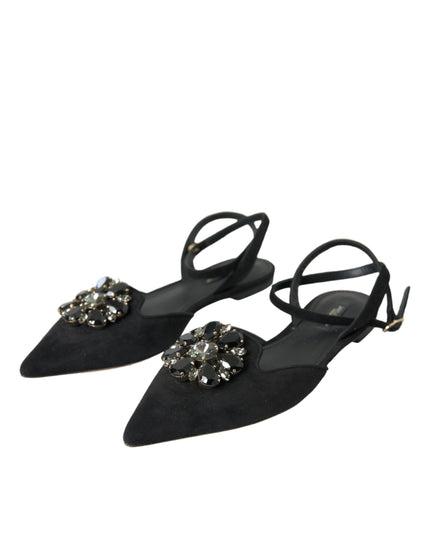 Dolce & Gabbana Black Leather Crystal Slingback Sandals Shoes