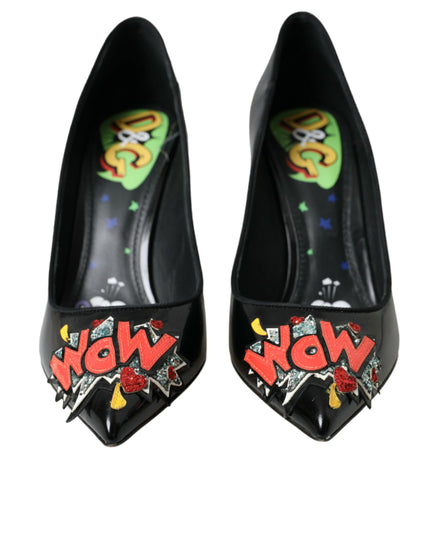 Dolce & Gabbana Black Leather WOW Patch Heels Pumps Shoes