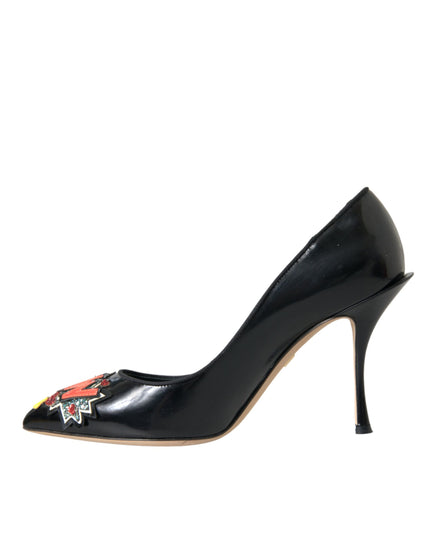Dolce & Gabbana Black Leather WOW Patch Heels Pumps Shoes