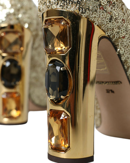 Dolce & Gabbana Gold Sequin Crystal Heels Pumps Shoes