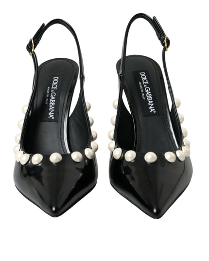 Dolce & Gabbana Black Leather Faux Pearl Heel Slingback Shoes