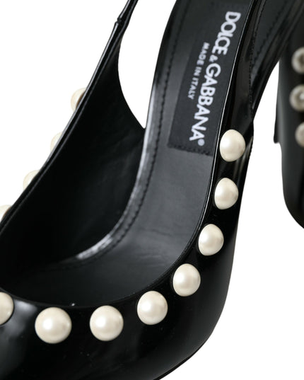 Dolce & Gabbana Black Leather Faux Pearl Heel Slingback Shoes