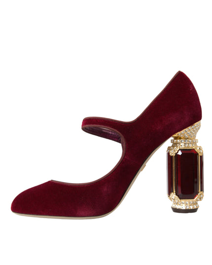 Dolce & Gabbana Red Velvet Gold Crystals Heels Mary Jane Shoes