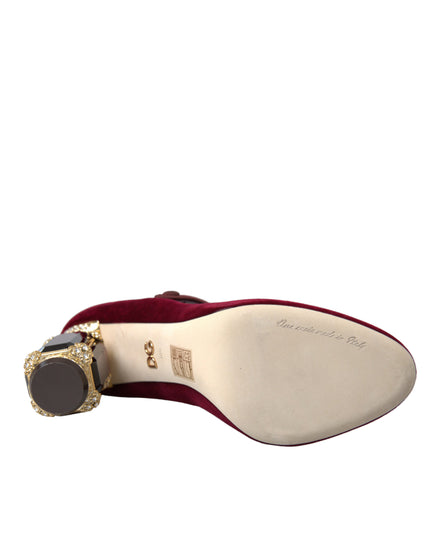 Dolce & Gabbana Red Velvet Gold Crystals Heels Mary Jane Shoes