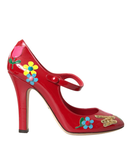 Dolce & Gabbana Red Leather Embellished Mary Jane Pumps Heels Shoes