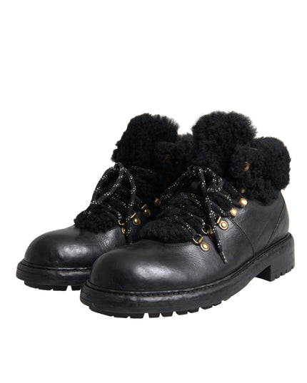 Dolce & Gabbana Black Leather Bernini Shearling Boots Shoes