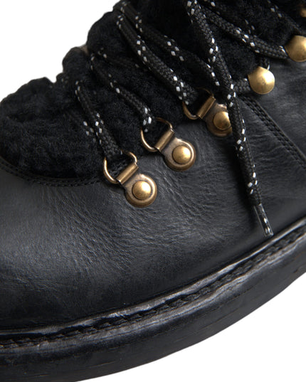 Dolce & Gabbana Black Leather Bernini Shearling Boots Shoes