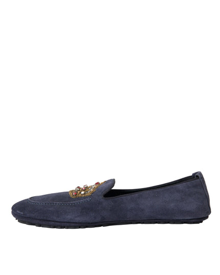 Dolce & Gabbana Blue Leather Suede Crystal Crown Loafers Shoes