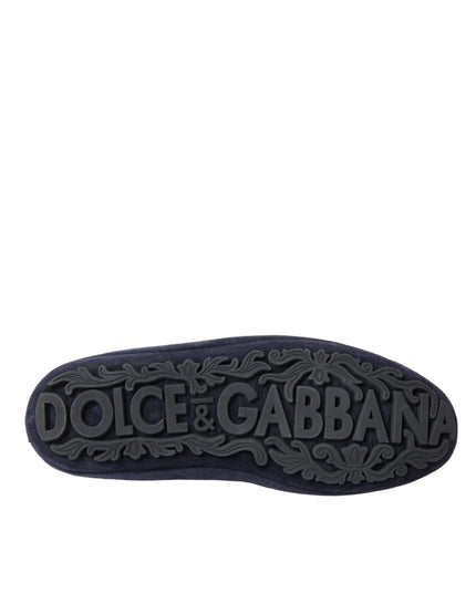 Dolce & Gabbana Blue Leather Suede Crystal Crown Loafers Shoes