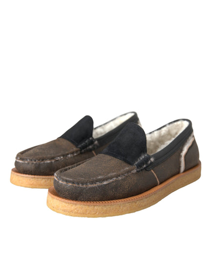 Dolce & Gabbana Brown Black Fur Leather Loafers Men Shoes