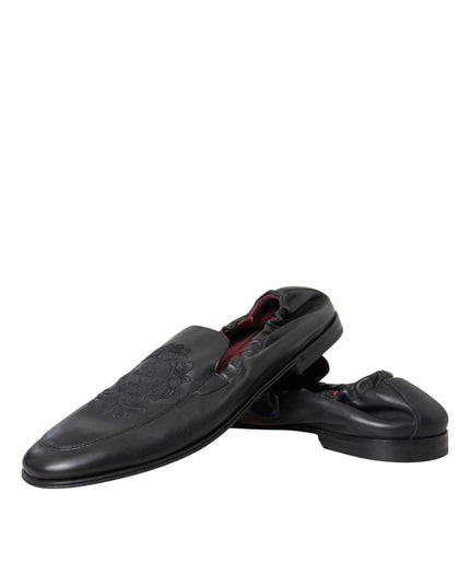 Dolce & Gabbana Black Logo Embroidered Leather Loafer Men Dress Shoes