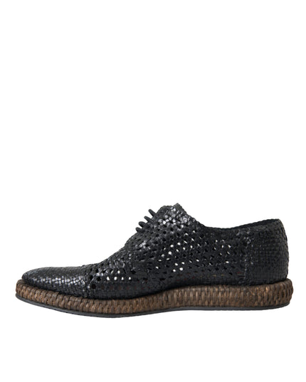 Dolce & Gabbana Black Woven Goat Leather Lace Up Derby Shoes