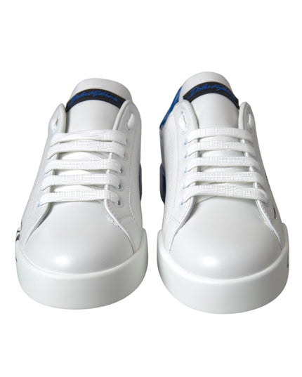 Dolce & Gabbana White Blue Leather Logo Low Top Sneakers Shoes