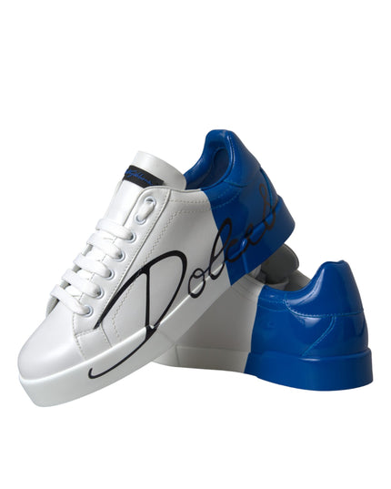 Dolce & Gabbana White Blue Leather Logo Low Top Sneakers Shoes